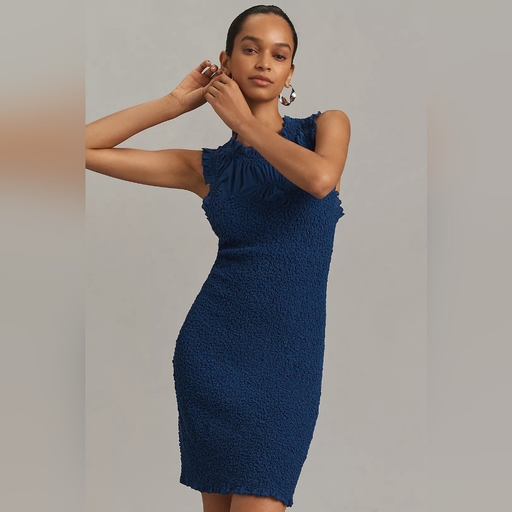 By Anthropologie Ruffle-Trim Textured Mini Dress, Size M, Blue, NWT